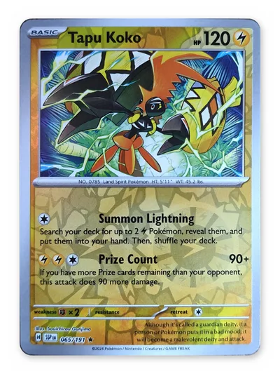 Tapu Koko · Surging Sparks · 65 · Reverse Holo · Near Mint